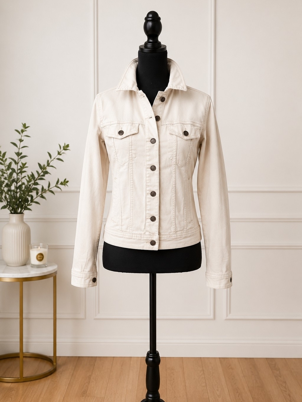 Women's Cream Denim Jacket - Tailored Button-Front Jean Jacket